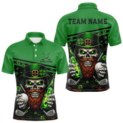 Maxcorners Green St Patrick Skull Golf and Beer Polo Golf shirts for Men Custom Team Mens Golf attire LM1501