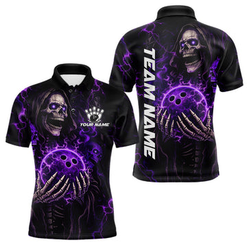 Maxcorners Personalized Skull Bowling Shirt For Men Custom Team's Name Black and Purple Flame Bowler Jerseys LM2602