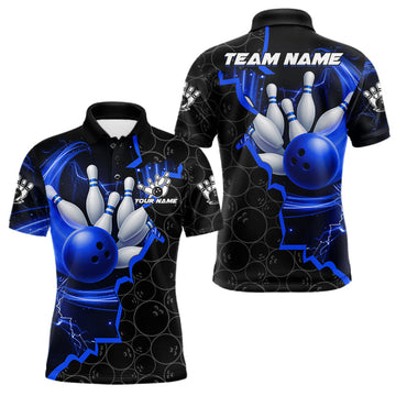 Maxcorners Black and Blue Camo Bowling Polo, 1/4 Zip Shirts For Men Custom Bowling Team Jersey, Bowler Outfit LM1203