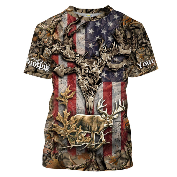 Maxcorners Custom Name American Flag Patriotic Deer Skull Hunting 3D All Over Printed Clothes