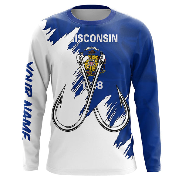 Maxcorners Wisconsin flag WI Fishing Fish Hook UV protection custom long sleeve Patriotic fishing apparel MT2108