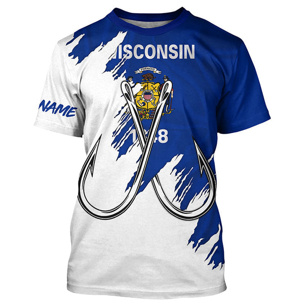 Maxcorners Wisconsin flag WI Fishing Fish Hook UV protection custom long sleeve Patriotic fishing apparel MT2108