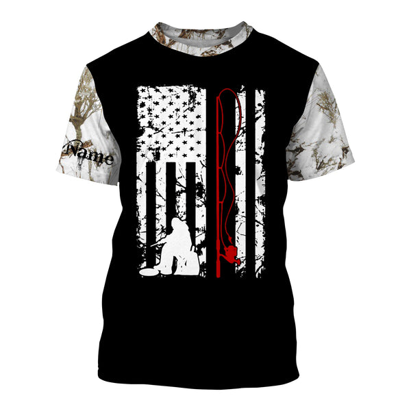 Maxcorners American Flag Patriotic Ice Fishing Shirt Winter Camo Customize Name 3D Shirts