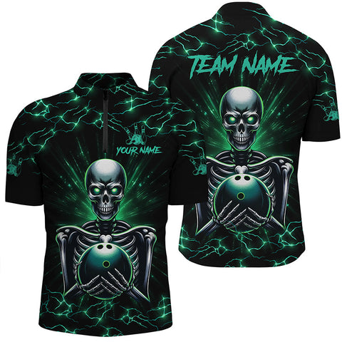 MaxCorners Bowling And Pins Green Skull Lightning Customized Name, Team Name 3D Stand Collar Stand Collar Zipper Polo Shirt For Men