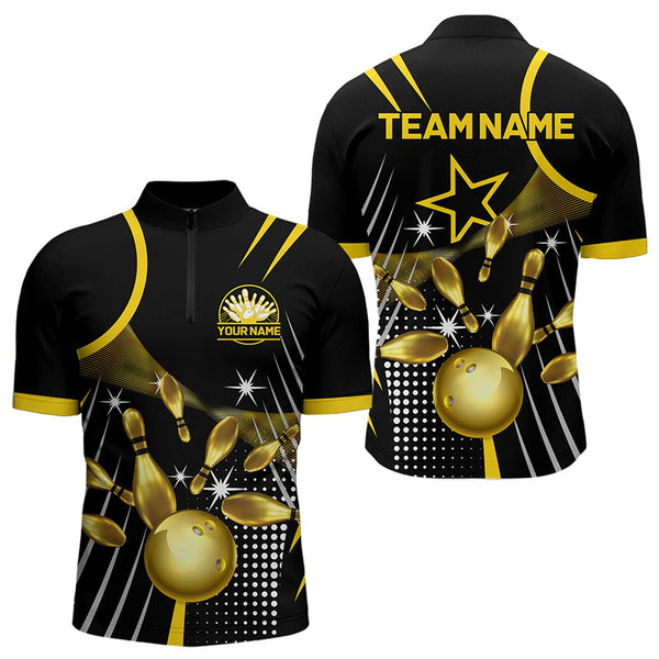 Maxcorners Funny Black And Gold Mens Bowling Polo, 1/4 Zip Shirts Custom Bowling Outfit Men Team Jerseys