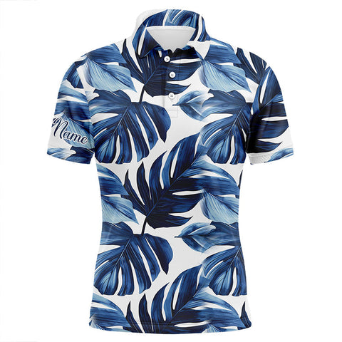 MaxCorners Golfs Blue Monstera Leaf Pattern Customized Name 3D Polo Shirt For Men