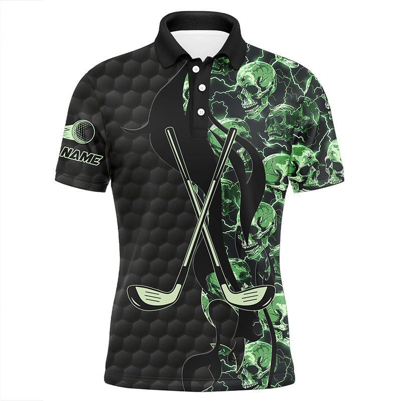 MaxCorners Golfs Green Lightning Skull Black Golf Pattern Customized Name 3D Polo Shirt For Men