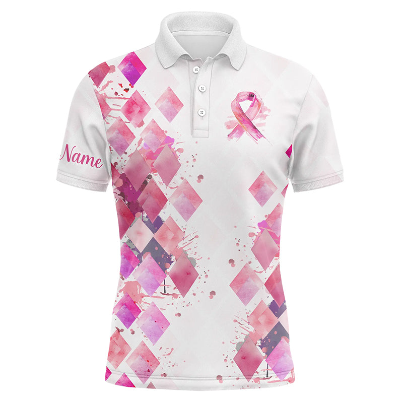 Maxcorners Watercolor Pink ribbon argyle pattern Men golf polo shirts custom breast cancer awareness polo shirts