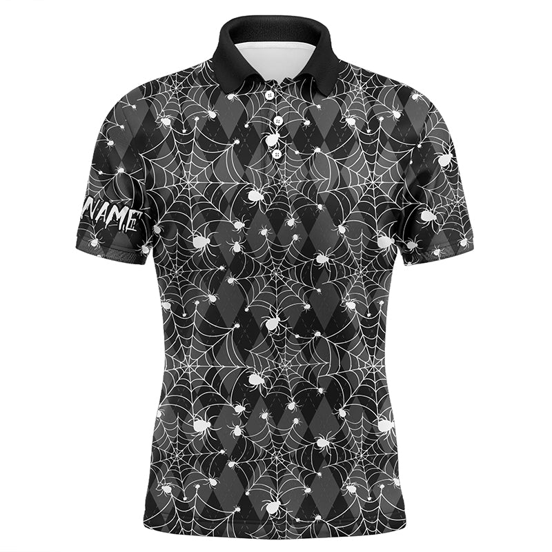 Maxcorners Black argyle spider web pattern Men golf polo shirts custom funny mens halloween golf shirts