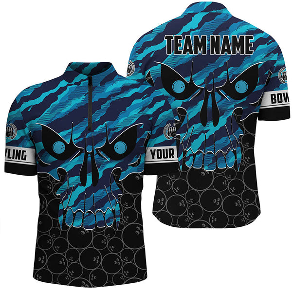 MaxCorners Bowling Ball And Pins Skull Blue Camo Customized Name, Team Name 3D Stand Collar Zipper Polo Shirt