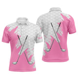 Maxcorners White golf ball pattern custom name golf clubs Mens golf polo shirts, team golf tops for men | Pink