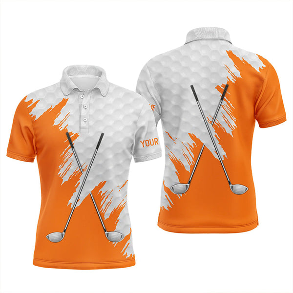 Maxcorners White golf ball pattern custom name golf clubs Mens golf polo shirts, team golf tops for men | Orange