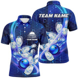 Maxcorners Blue Light Bowling Ball Pins Hexagon Pattern Customized Name And Team Name 3D Shirt