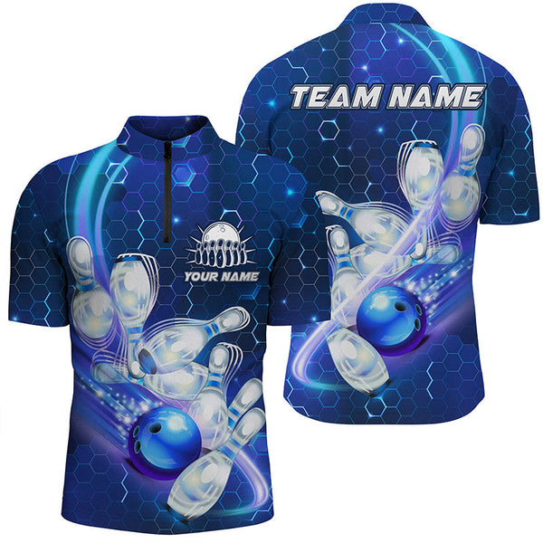 Maxcorners Bowling Shirts Custom Blue Light Bowling Ball Pins Hexagon Pattern Bowling Team Jersey