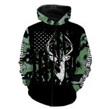 Maxcorners Custom Name Deer Hunting Legend Deer Skull Green Camo American Flag 3D All Over Printed Clothes