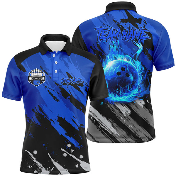 Maxcorners Black and Blue Flame camo bowling shirts for Men Custom Flame Bowling Shirt Team Bowling Jersey