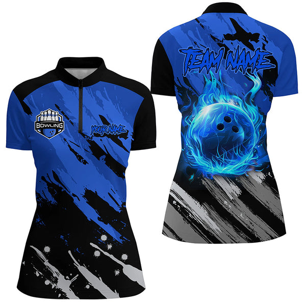 Maxcorners Black and Blue Flame camo bowling shirts for women Custom Flame Bowling Shirt Team Bowling Jersey