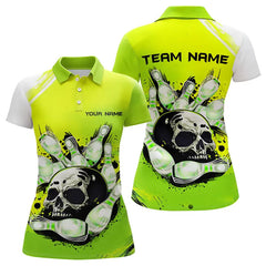 Maxcorners Green Skull Bowling Ball And Pins Bowling Polo, Quarter Zip Shirts For Men Custom Team Bowling Jerseys