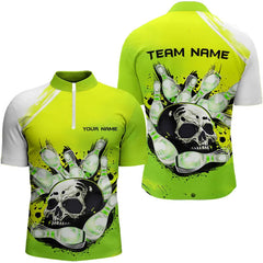 Maxcorners Green Skull Bowling Ball And Pins Bowling Polo, Quarter Zip Shirts For Men Custom Team Bowling Jerseys
