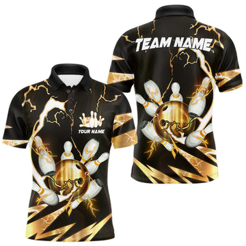 Maxcorners Gold Thunder Lightning bowling ball and pins jerseys Custom Team Bowling Polo, 1/4 Zip Shirts For Men