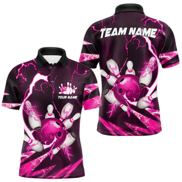 Maxcorners Pink Thunder Lightning bowling ball and pins jerseys Custom Team Bowling Polo, 1/4 Zip Shirts For Men