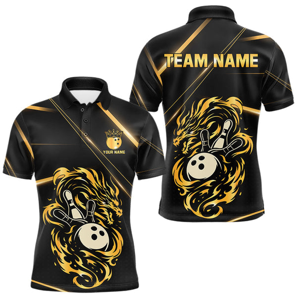 Maxcorners Black and Gold Flame Dragon Bowling Polo, Quarter Zip Shirt for Men Custom Bowling Team League Jersey MT1810