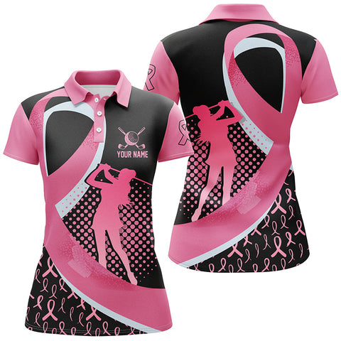 Max Corners Breast Cancer Awareness Black Pattern Customized Name 3D Golf Polo Shirt For Women