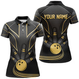 Maxcorners Bowling And Pins Black Gold Customized Name, Team Name 3D Polo Shirt