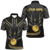 Maxcorners Bowling And Pins Black Gold Customized Name, Team Name 3D Polo Shirt