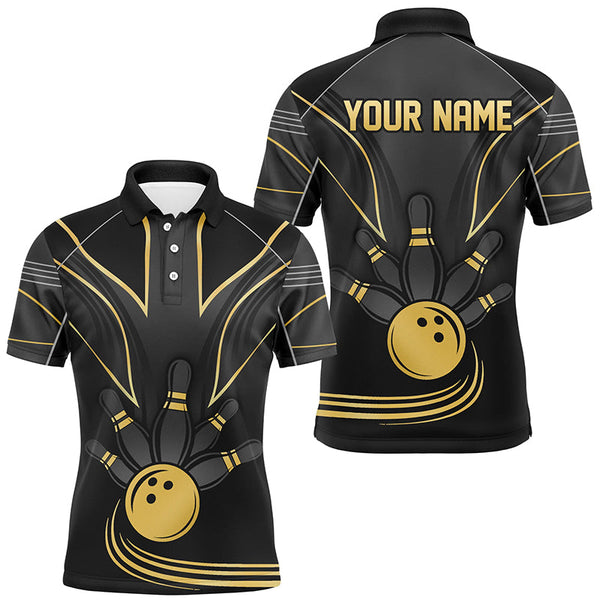 Maxcorners Bowling And Pins Black Gold Customized Name, Team Name 3D Polo Shirt