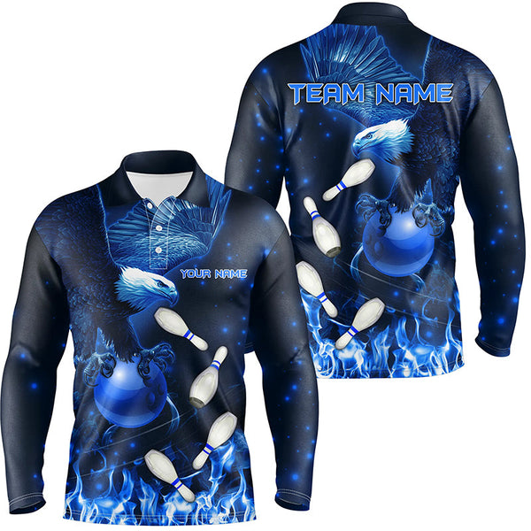 Maxcorners Blue Flame Eagle Bowling Jersey Customized Name, Team Name 3D Shirt Unisex