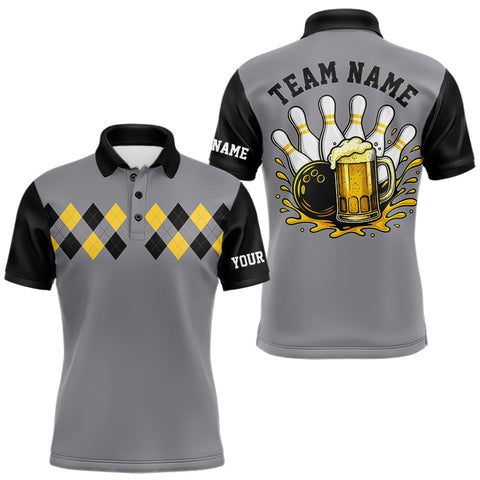 Maxcorners Black & Yellow argyle pattern retro Bowling Shirts For Men Custom Bowling and Beer Team Jersey | Gray MT1511