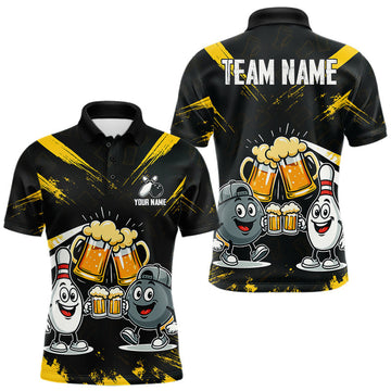Maxcorners Custom Black And Yellow Funny Beer Bowling Men Polo, Quarter Zip Shirts, funny bowling shirts
