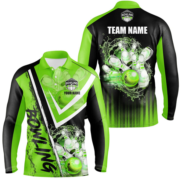 Maxcorners Bowling Ball And Pins Black And Green Customized Name, Team Name 3D Shirt