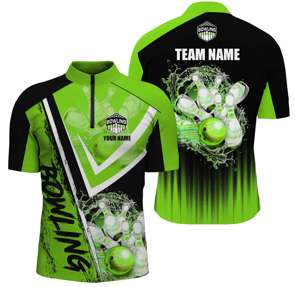 Maxcorners Bowling Ball And Pins Black And Green Customized Name, Team Name 3D Shirt