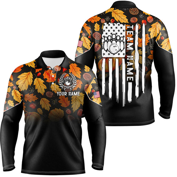 Maxcorners  Autumn Leaf Camo Thanksgiving American Flag Patriotic Bowling Jersey Customized Name 3D Shirt