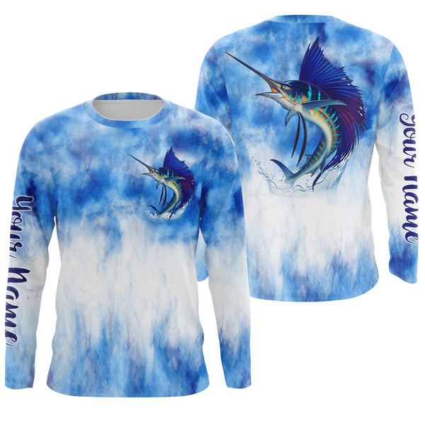 Maxcorners Sailfish saltwater fishing blue sea camo Custom Name sun protection UPF long sleeves fishing shirts LM2408