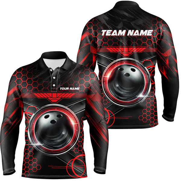 Maxcorners Bowling And Pins Black And Red Hexagon Pattern Customized Name, Team Name 3D Polo Shirt