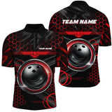 Maxcorners Bowling And Pins Black And Red Hexagon Pattern Customized Name, Team Name 3D Polo Shirt