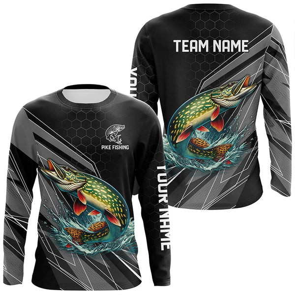 Maxcorners Personalized Black camo Northern Pike Fishing Jerseys, Pike Long Sleeve Fishing Tournament Shirts MT2108