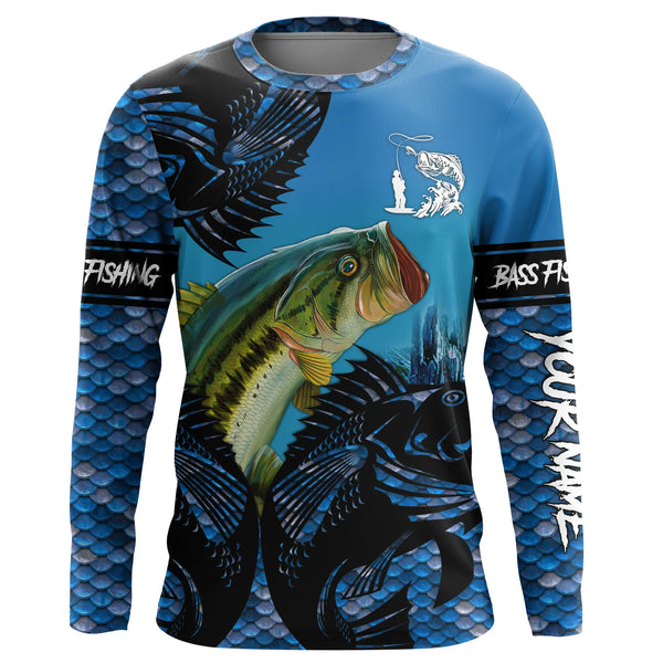 Maxcorners Customized Name Largemouth Bass Fishing Blue Camo 3D Shirts