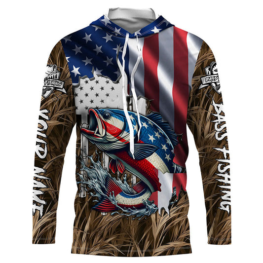 Maxcorners American flag patriotic Bass camo fishing Customize UV protection long sleeves fishing shirt for men LM0201