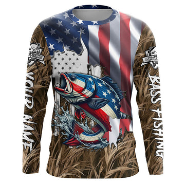 Maxcorners American flag patriotic Bass camo fishing Customize UV protection long sleeves fishing shirt for men LM0201