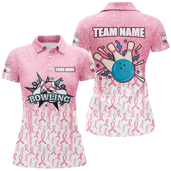 Maxcorners Bowling Ball And Pins Pink Glitter RibbonCustomized Name, Team Name 3D Shirt