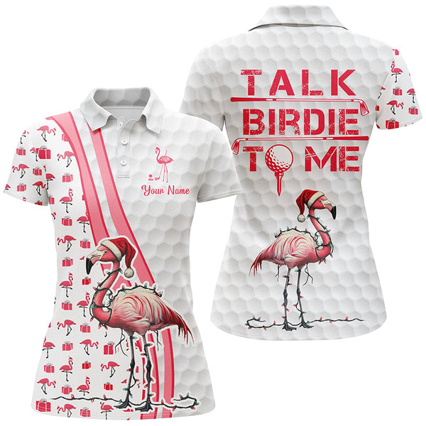 Maxcorners Funny Womens golf polo shirt custom pink and white flamingo Christmas golf shirts talk birdie to m