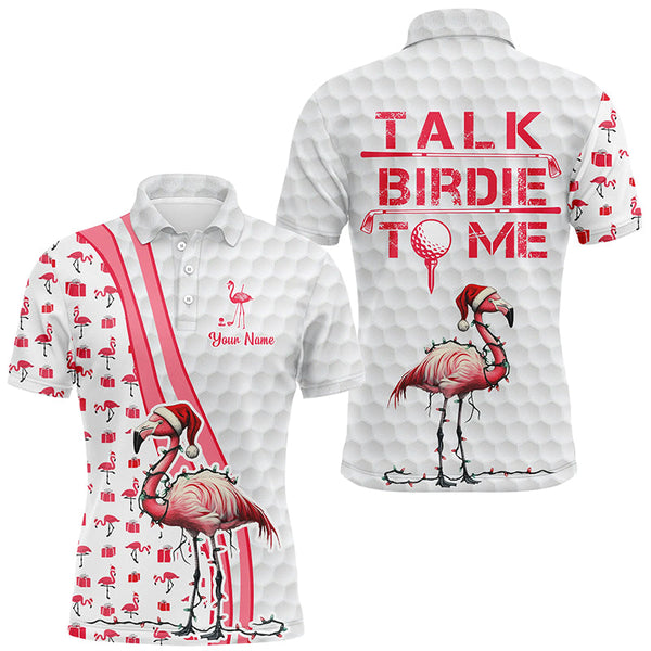 Maxcorners Funny Mens golf polo shirt custom pink and white flamingo Christmas golf shirts talk birdie to me