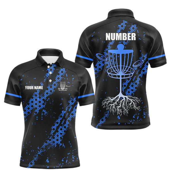 Maxcorners Black and Blue Hexagon Pattern Mens Disc golf polo shirts custom Team disc golf jerseys LM2110