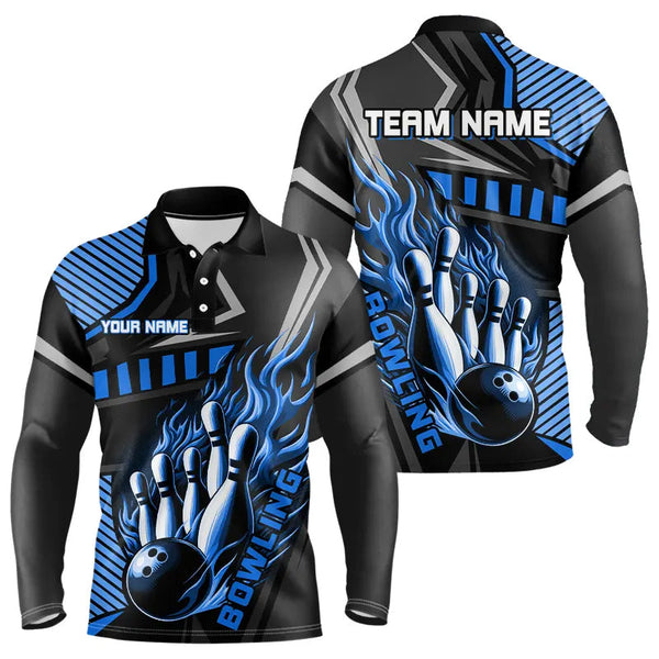 Maxcorners Black And Blue Bowling Ball Pins Polo Shirt For Men Custom Bowling Team League Jerseys