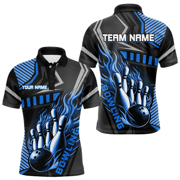 Maxcorners Black And Blue Bowling Ball Pins Polo Shirt For Men Custom Bowling Team League Jerseys