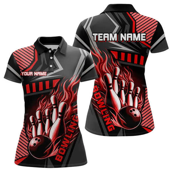 Maxcorners Black And Red Bowling Ball Pins Polo, Quarter Zip Shirt For Men Custom Bowling Team League Jerseys